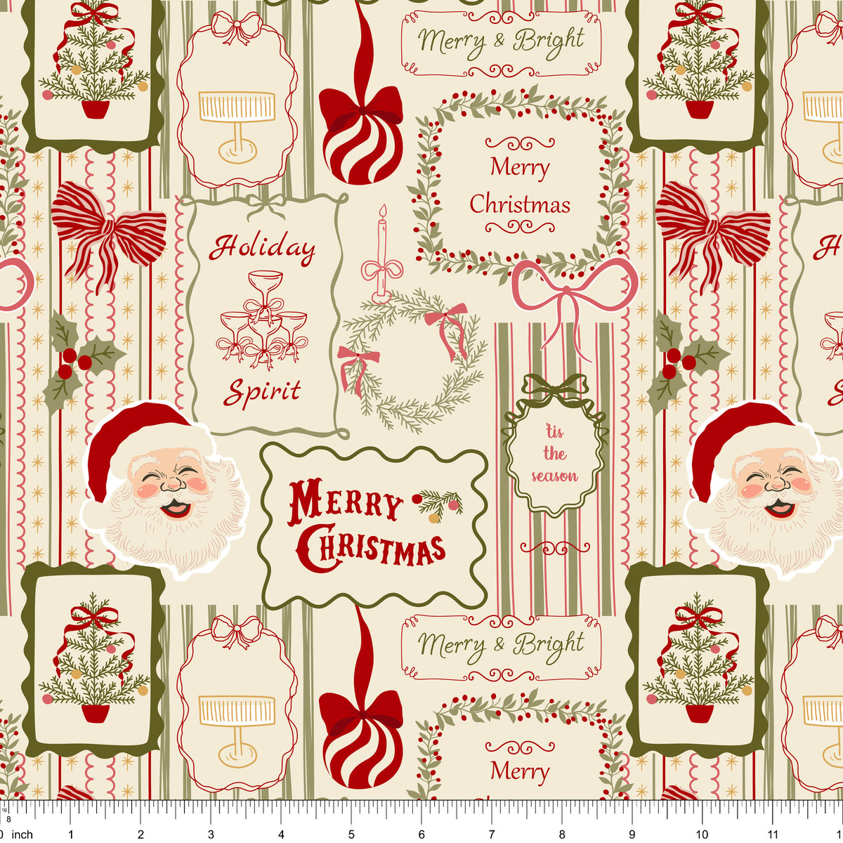 Cream fabric with framed Merry and Bright, Holiday Spirit and Merry Christmas greetings and Santa, shown with ruler for scale