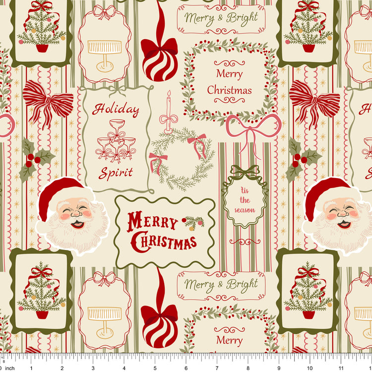 Cream fabric with framed Merry and Bright, Holiday Spirit and Merry Christmas greetings and Santa, shown with ruler for scale