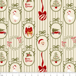 Sage and cream ticking stripe fabric with oval frames of a goose, Santa and Christmas trees, shown with ruler for scale