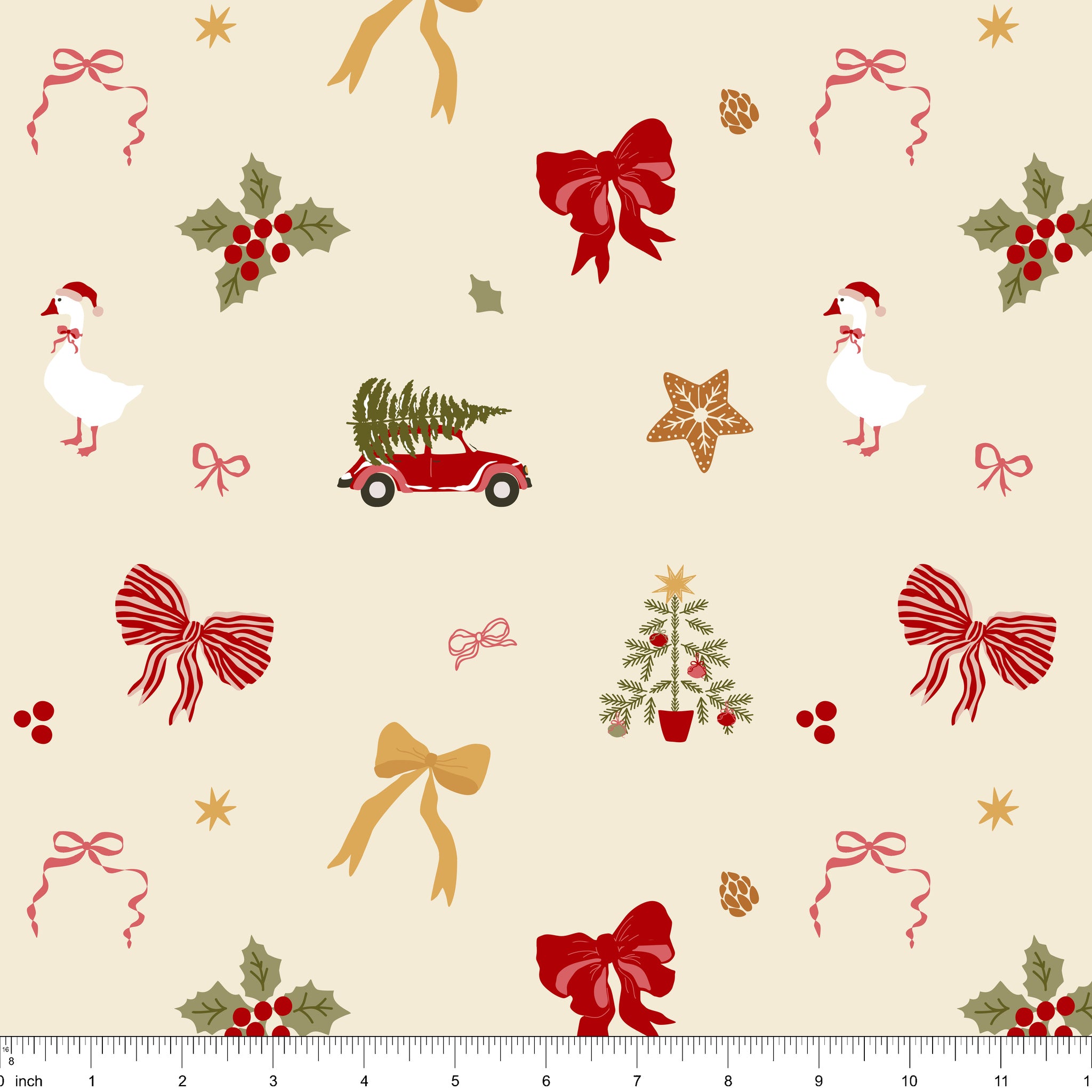 Cream fabric with tossed red and striped bows, gold bows, holly, a goose in a Santa hat, a red car with a tree and a gingerbread star, shown with ruler for scale