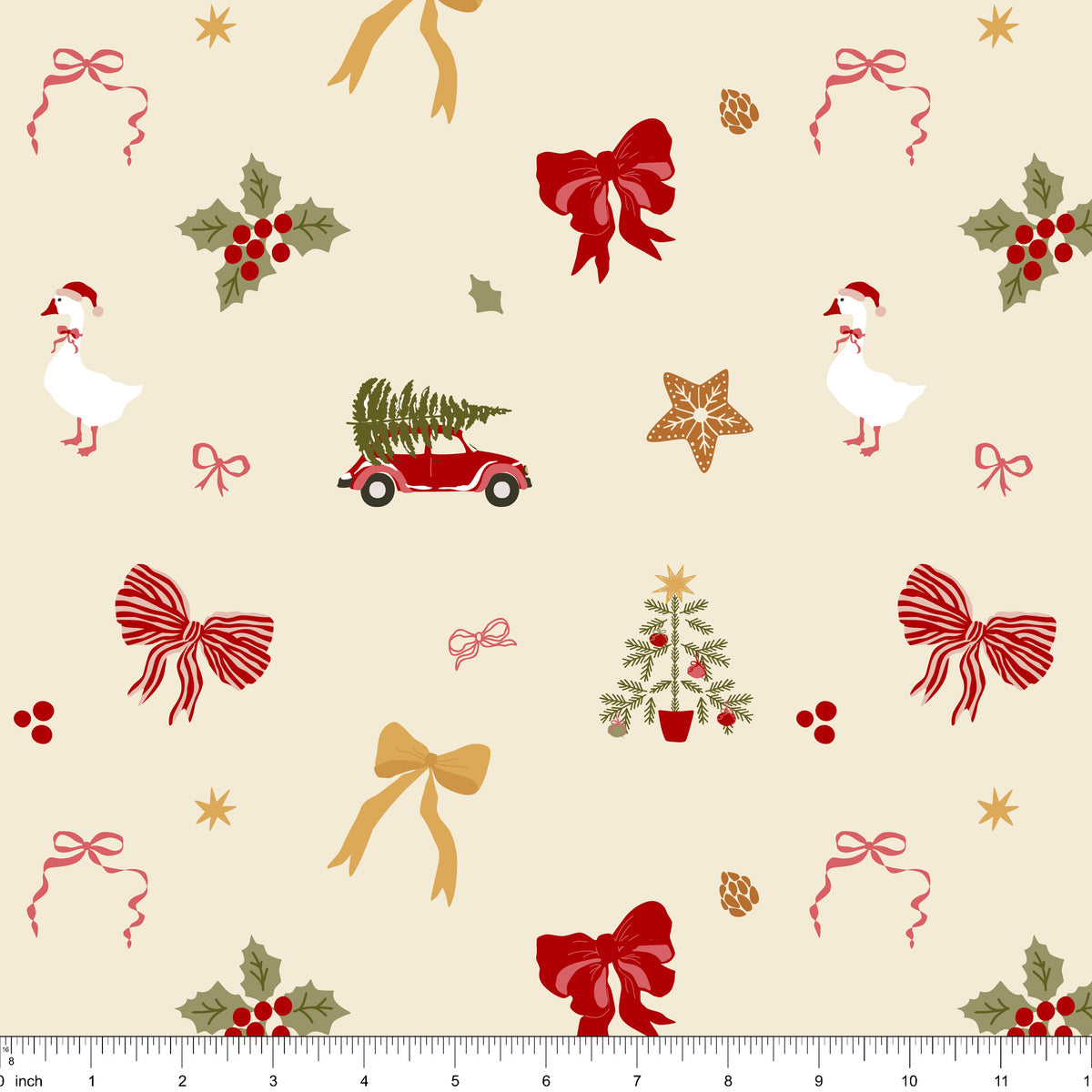 Cream fabric with tossed red and striped bows, gold bows, holly, a goose in a Santa hat, a red car with a tree and a gingerbread star, shown with ruler for scale
