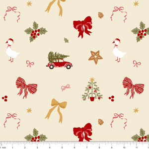 Cream fabric with tossed red and striped bows, gold bows, holly, a goose in a Santa hat, a red car with a tree and a gingerbread star, shown with ruler for scale