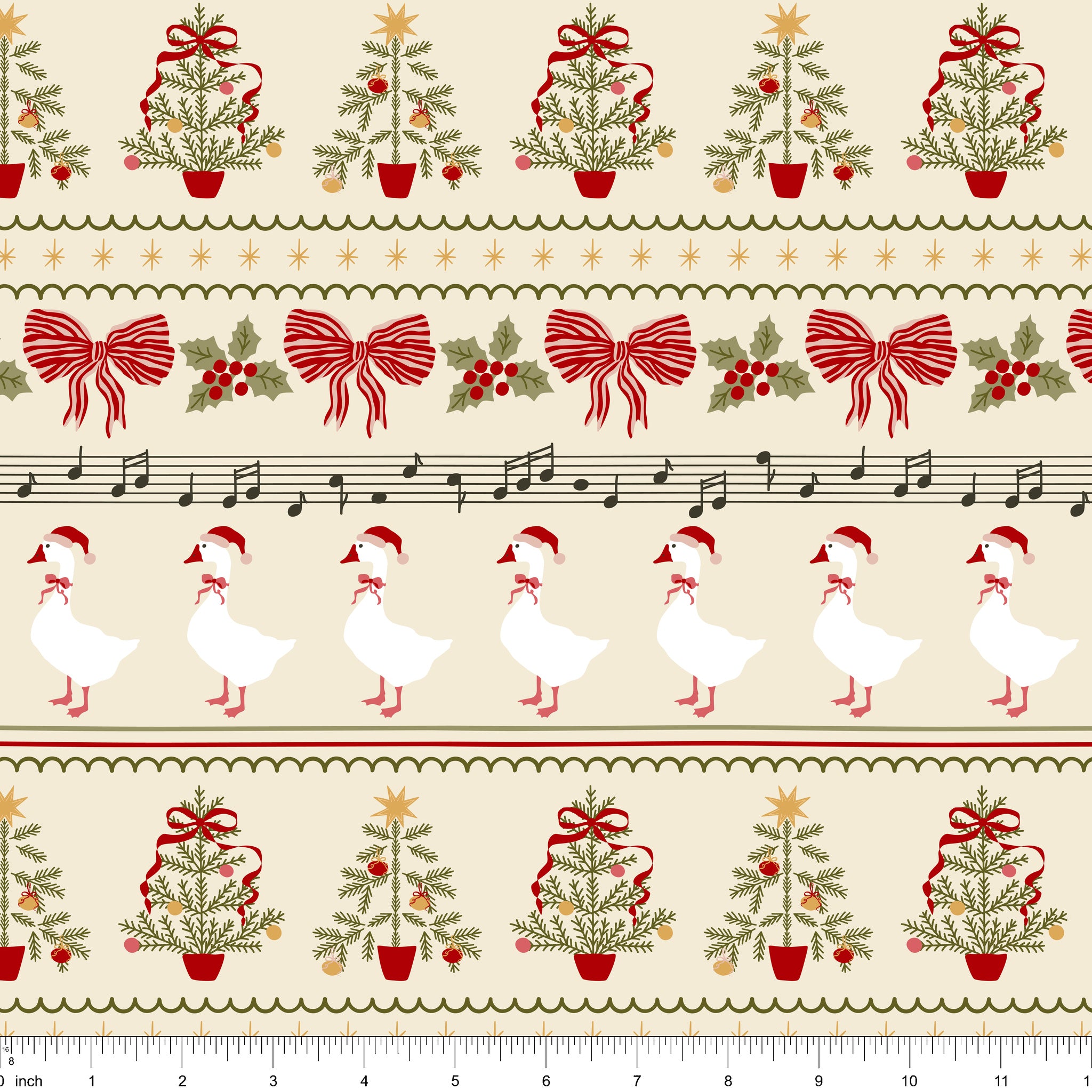 Cream border stripe fabric with geese in Santa hats, bows and potted Christmas trees, shown with ruler for scale