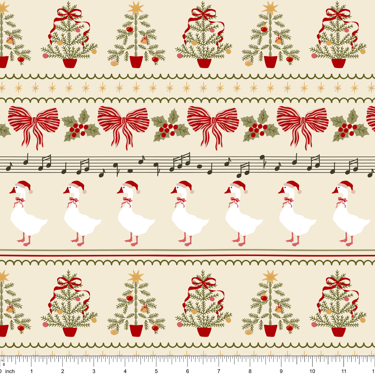 Cream border stripe fabric with geese in Santa hats, bows and potted Christmas trees, shown with ruler for scale
