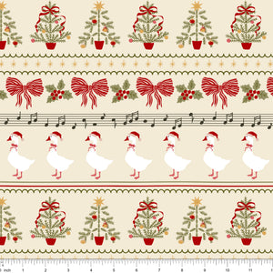 Cream border stripe fabric with geese in Santa hats, bows and potted Christmas trees, shown with ruler for scale