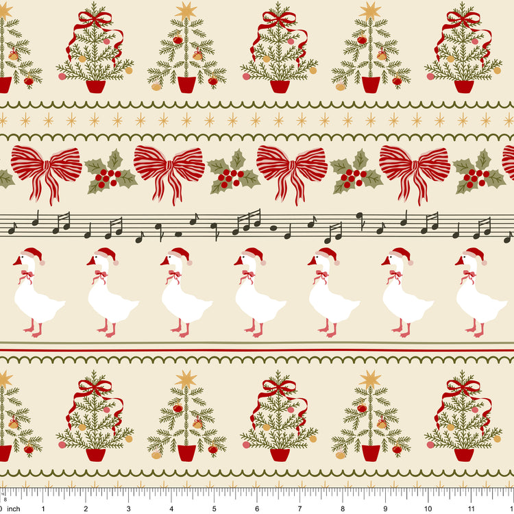 Cream border stripe fabric with geese in Santa hats, bows and potted Christmas trees, shown with ruler for scale