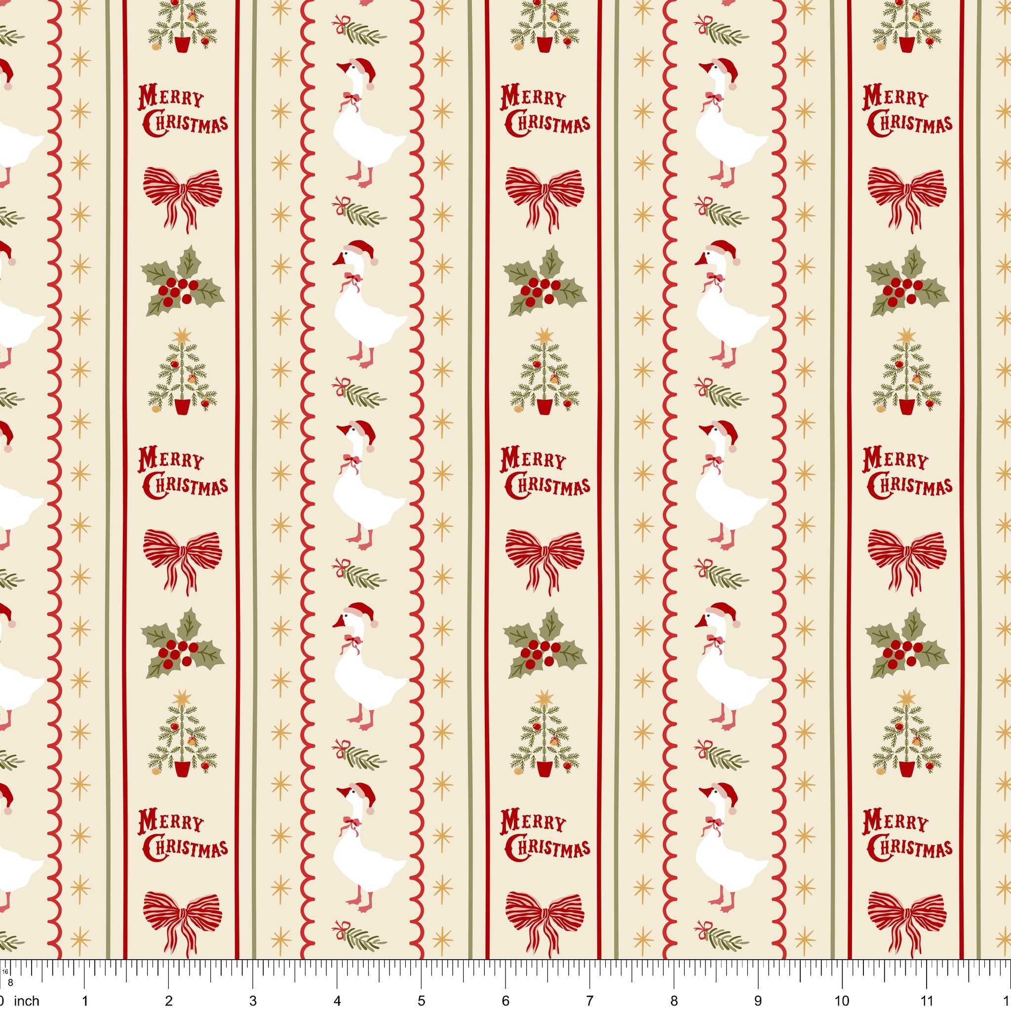 Cream fabric with vertical stripes of Merry Christmas, bows, holly and geese, shown with ruler for scale