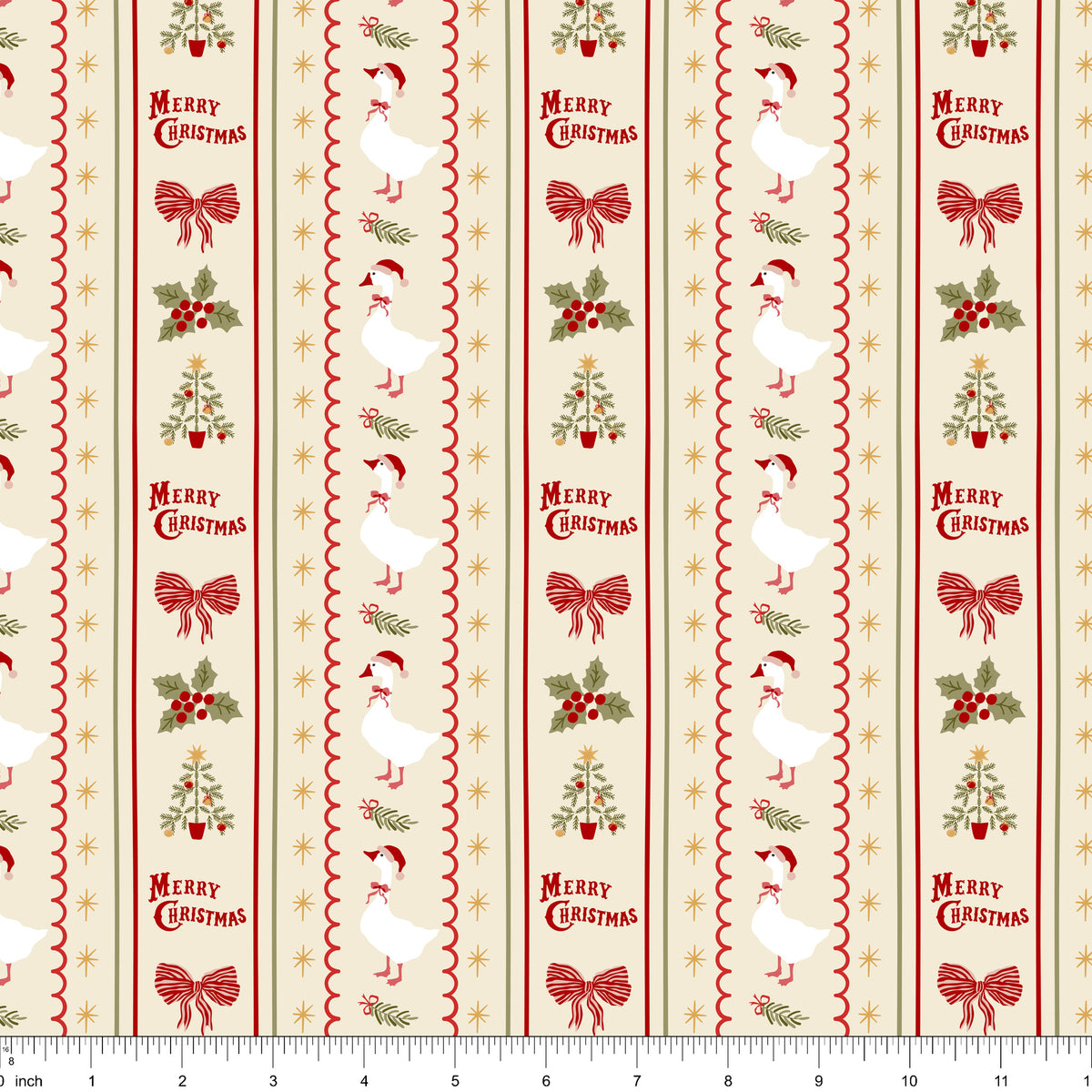 Cream fabric with vertical stripes of Merry Christmas, bows, holly and geese, shown with ruler for scale