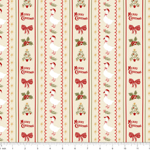 Cream fabric with vertical stripes of Merry Christmas, bows, holly and geese, shown with ruler for scale