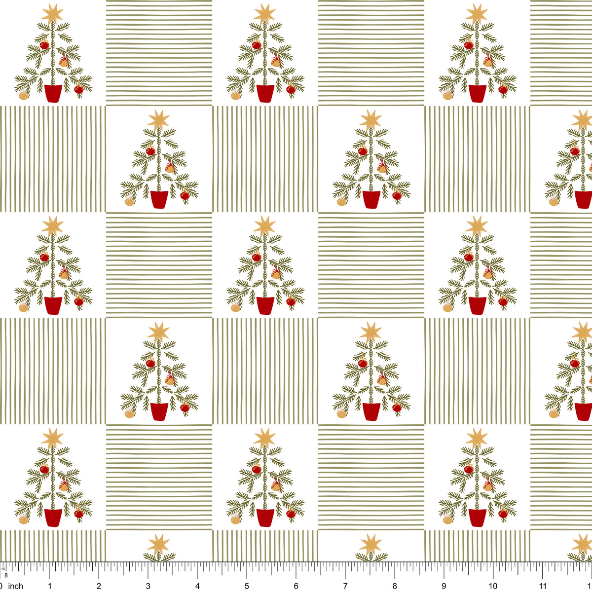 White fabric with a checkerboard of potted Christmas trees and sage pinstripe squares, shown with ruler for scale