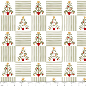 White fabric with a checkerboard of potted Christmas trees and sage pinstripe squares, shown with ruler for scale