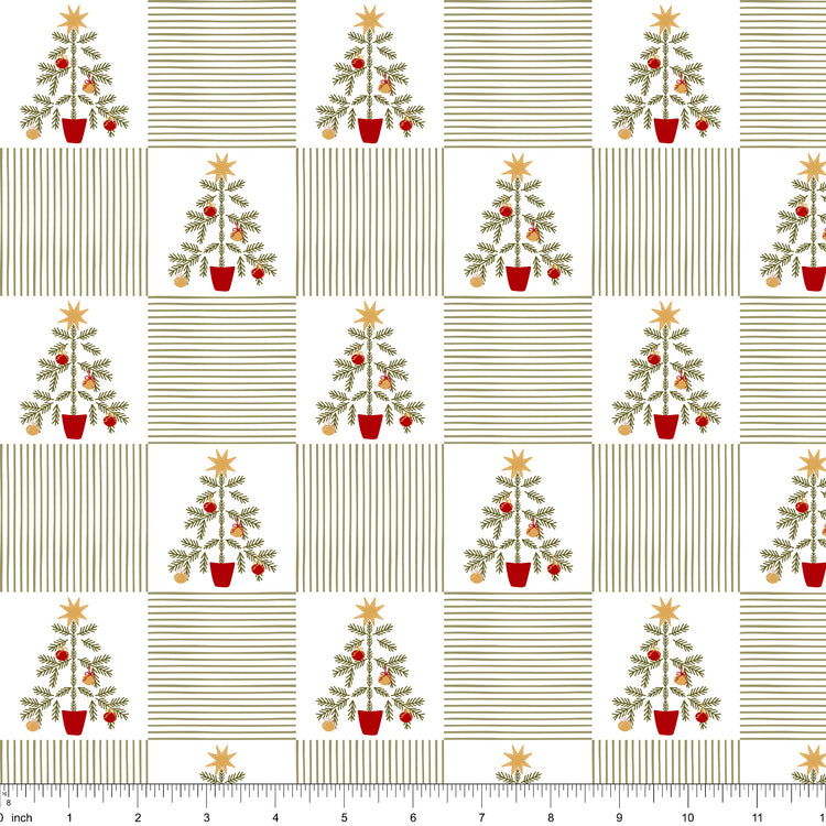 White fabric with a checkerboard of potted Christmas trees and sage pinstripe squares, shown with ruler for scale