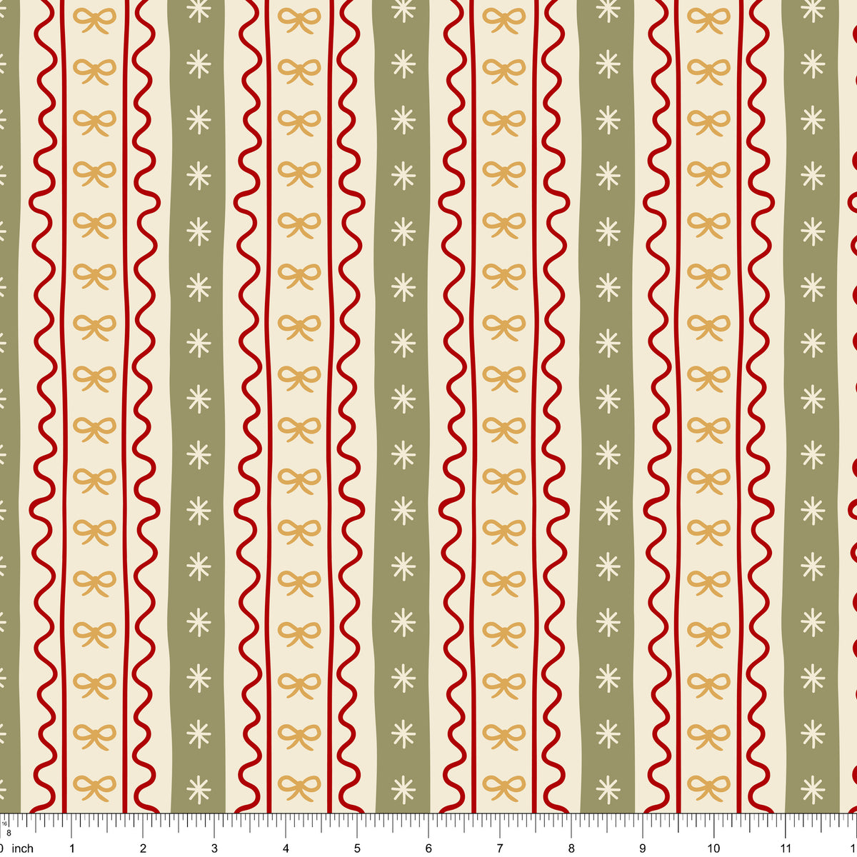 Cream fabric with vertical stripes of red ric rac, gold bows and sage bands with stars, shown with ruler for scale
