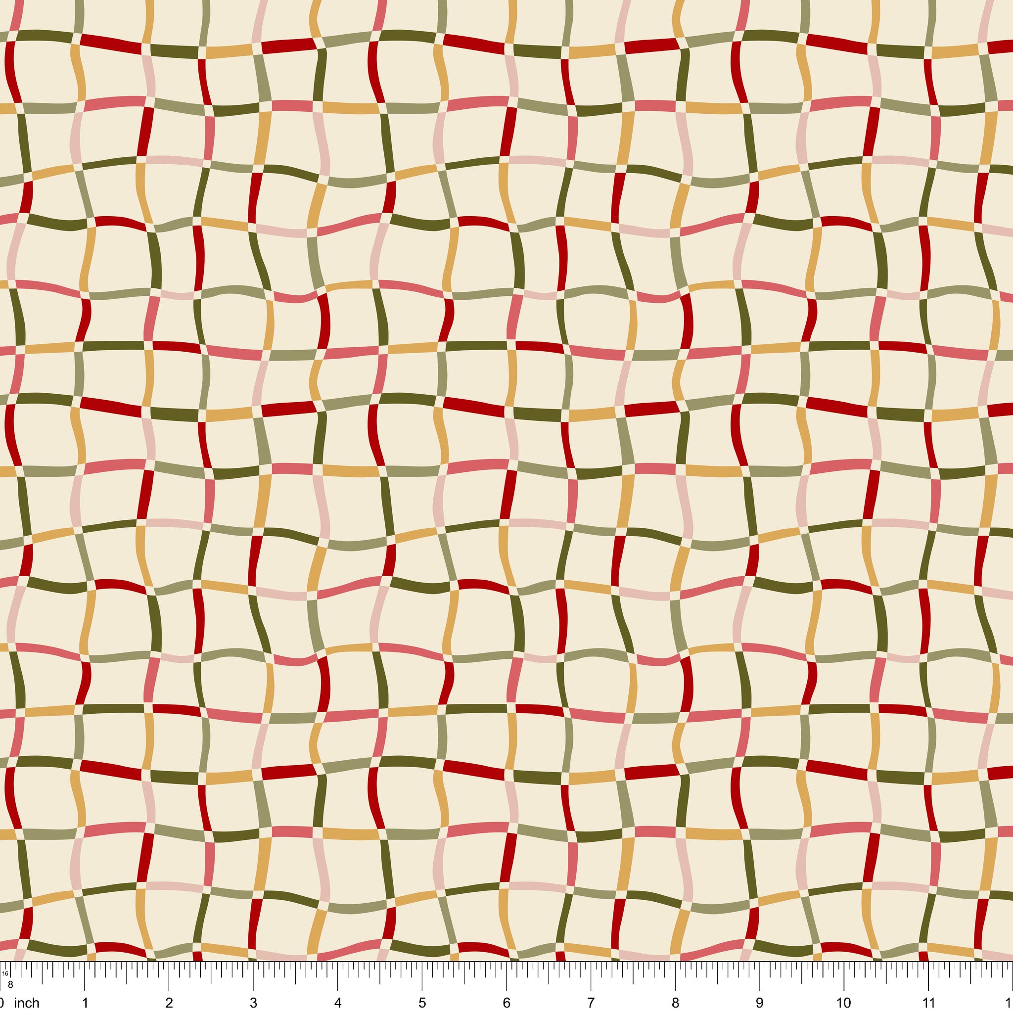 Cream fabric with a wavy red, green, gold and pink plaid, shown with ruler for scale