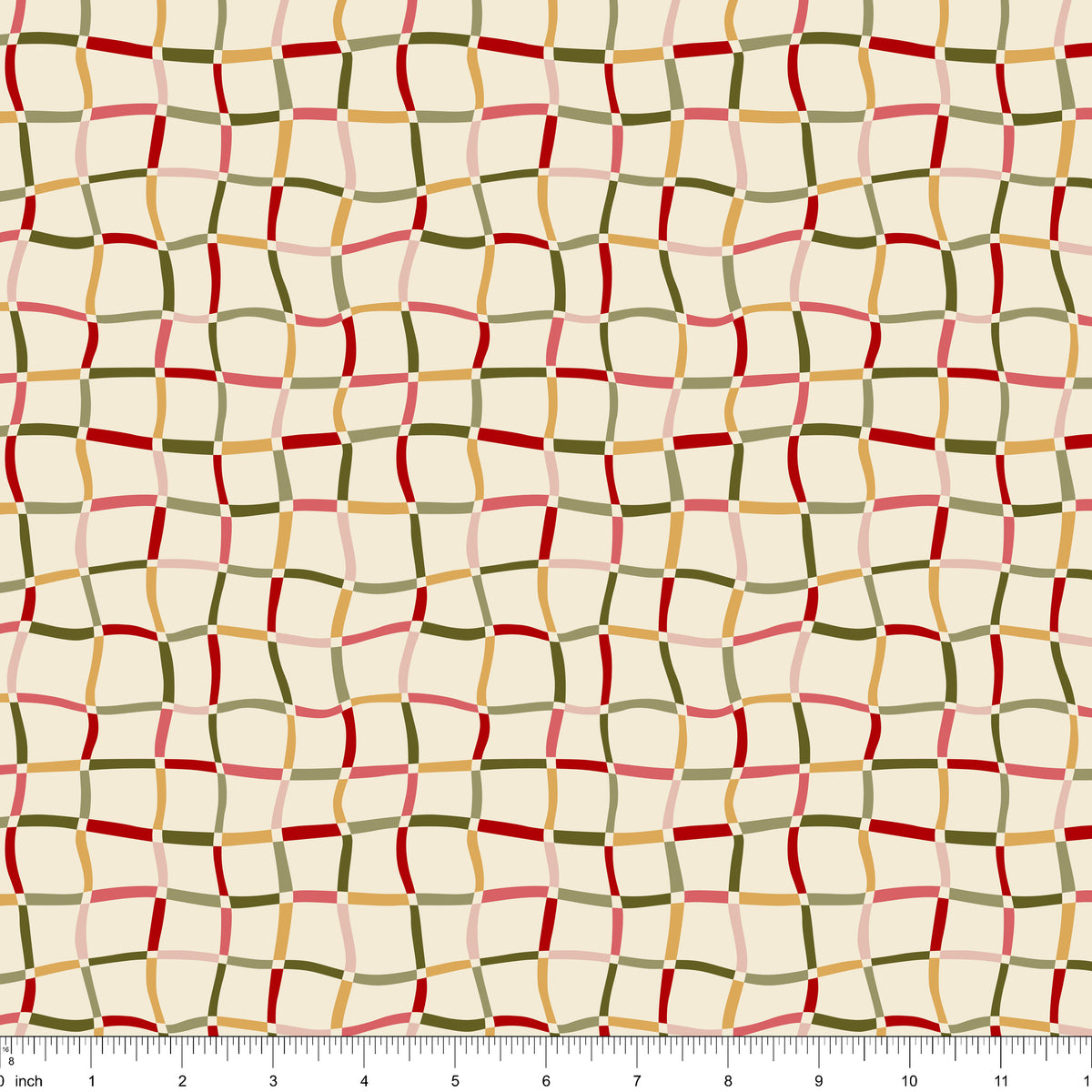Cream fabric with a wavy red, green, gold and pink plaid, shown with ruler for scale