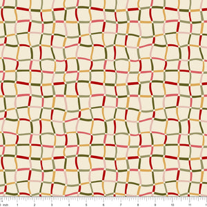 Cream fabric with a wavy red, green, gold and pink plaid, shown with ruler for scale