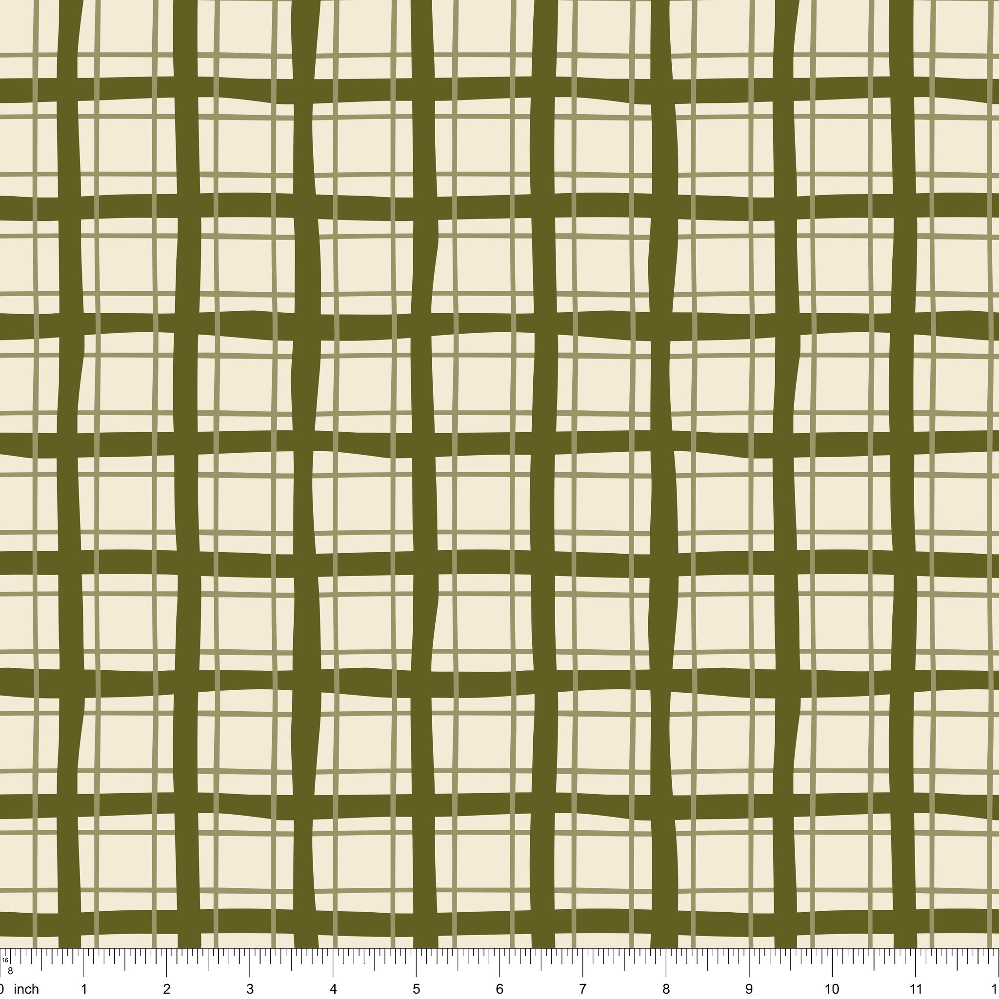 Cream fabric with an olive green plaid, shown with ruler for scale