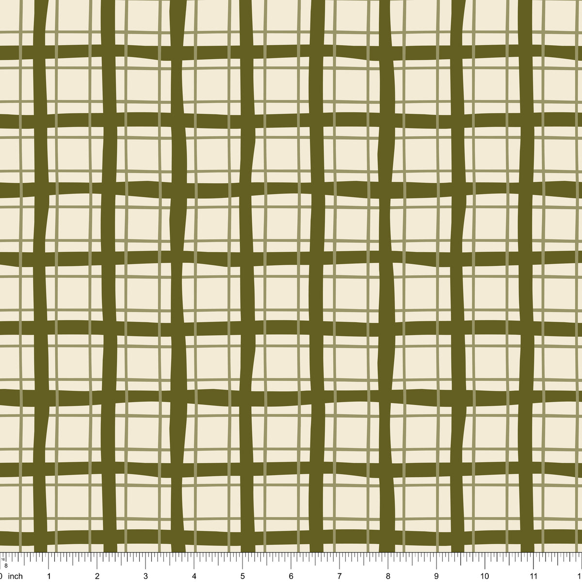 Cream fabric with an olive green plaid, shown with ruler for scale