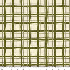 Cream fabric with an olive green plaid, shown with ruler for scale