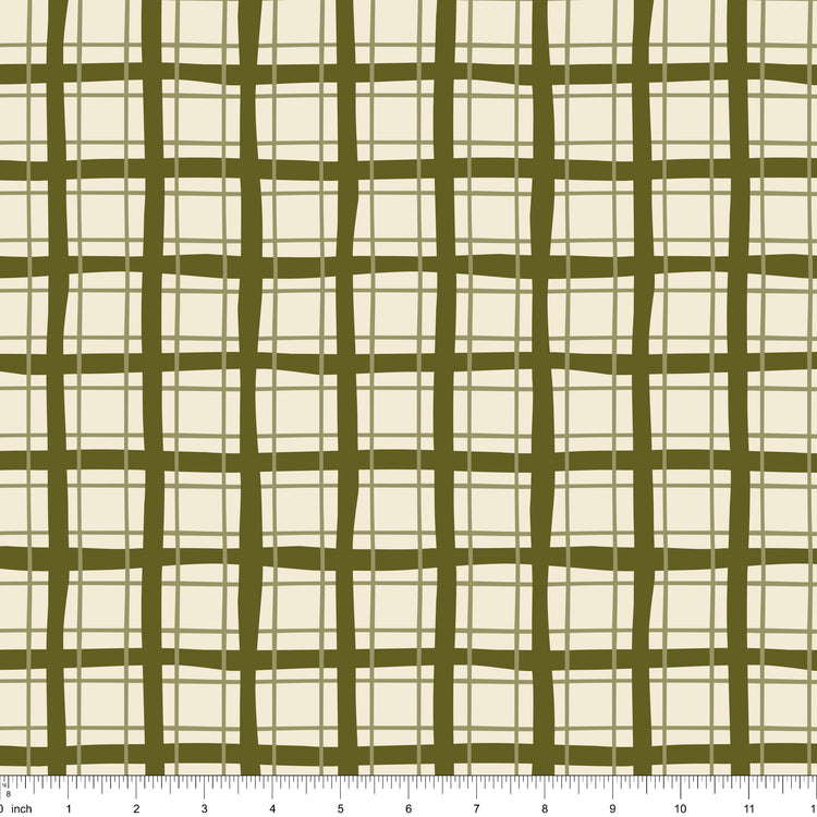 Cream fabric with an olive green plaid, shown with ruler for scale