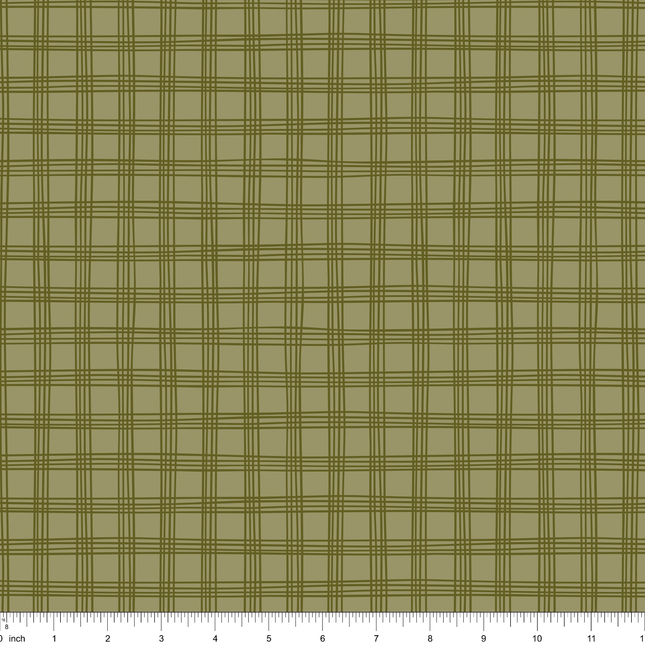 Sage green fabric with an olive windowpane check, shown with ruler for scale