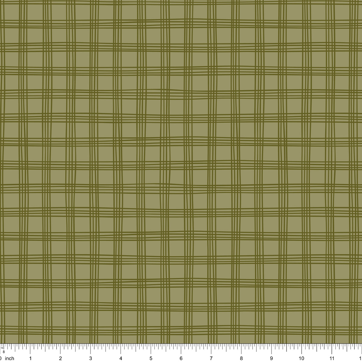 Sage green fabric with an olive windowpane check, shown with ruler for scale