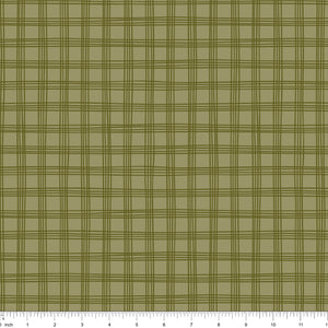 Sage green fabric with an olive windowpane check, shown with ruler for scale