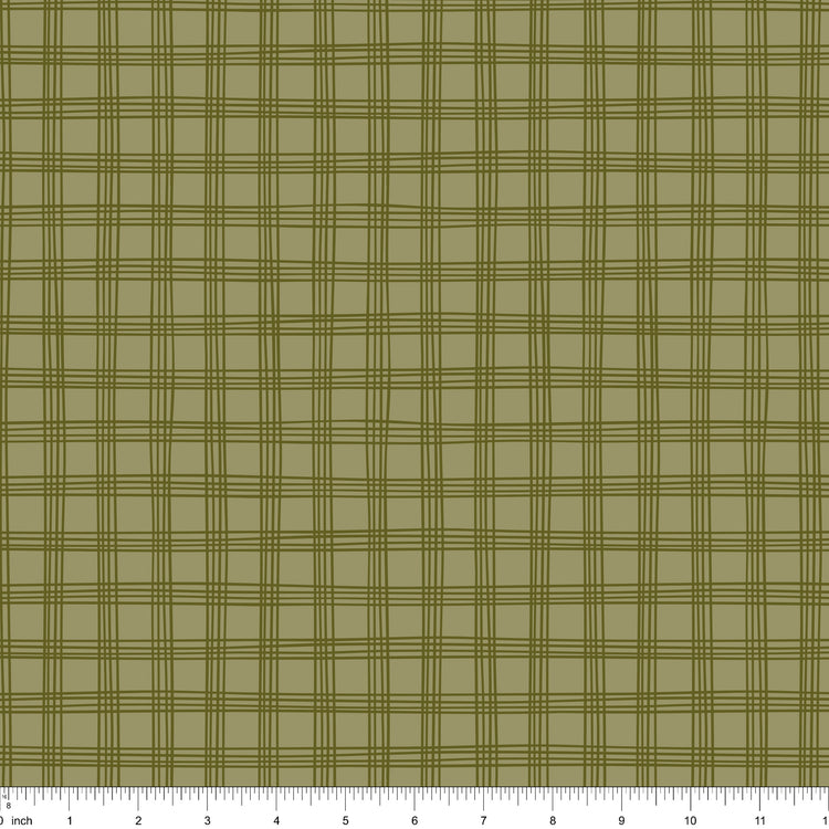 Sage green fabric with an olive windowpane check, shown with ruler for scale