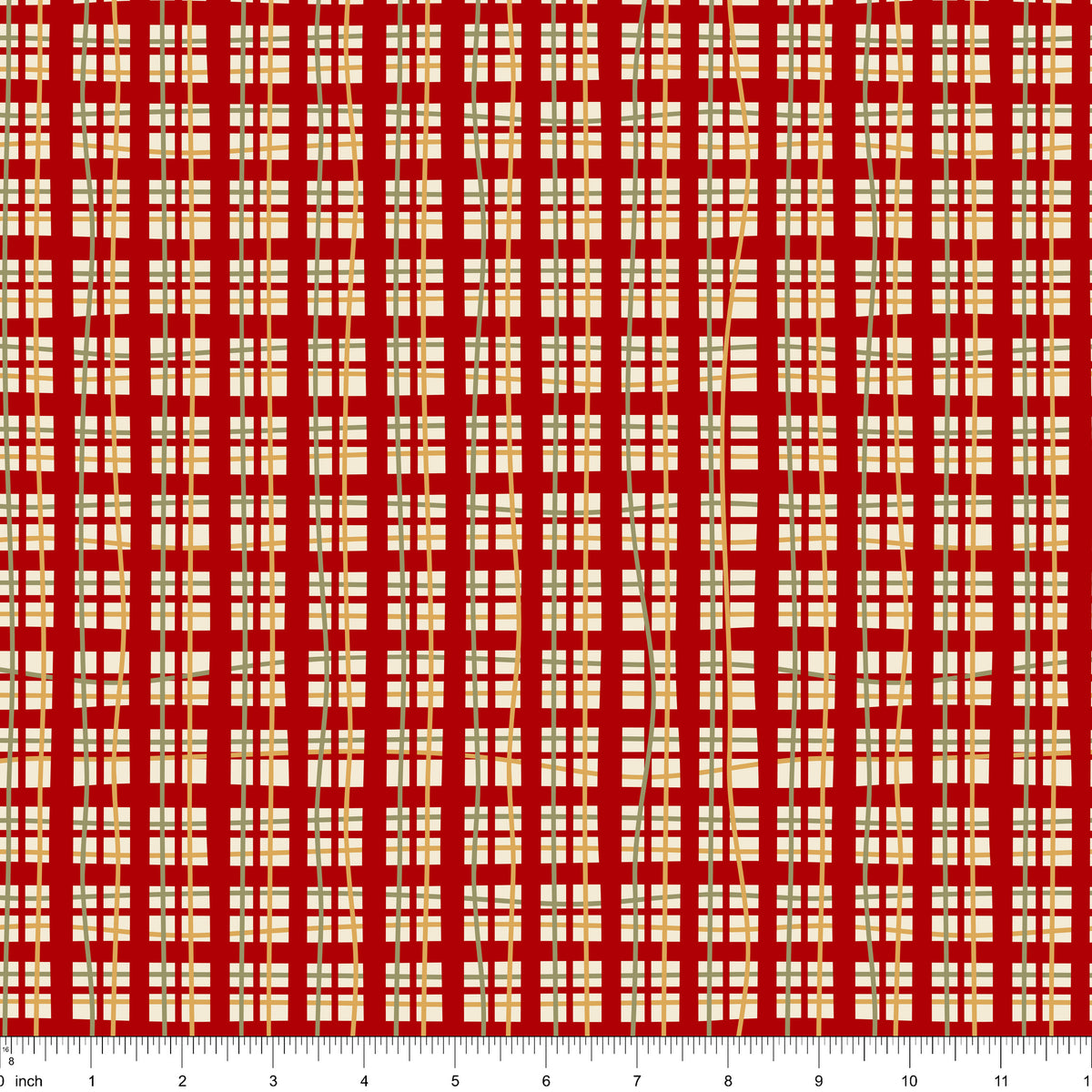 Cranberry red fabric with a cream and gold plaid, shown with ruler for scale