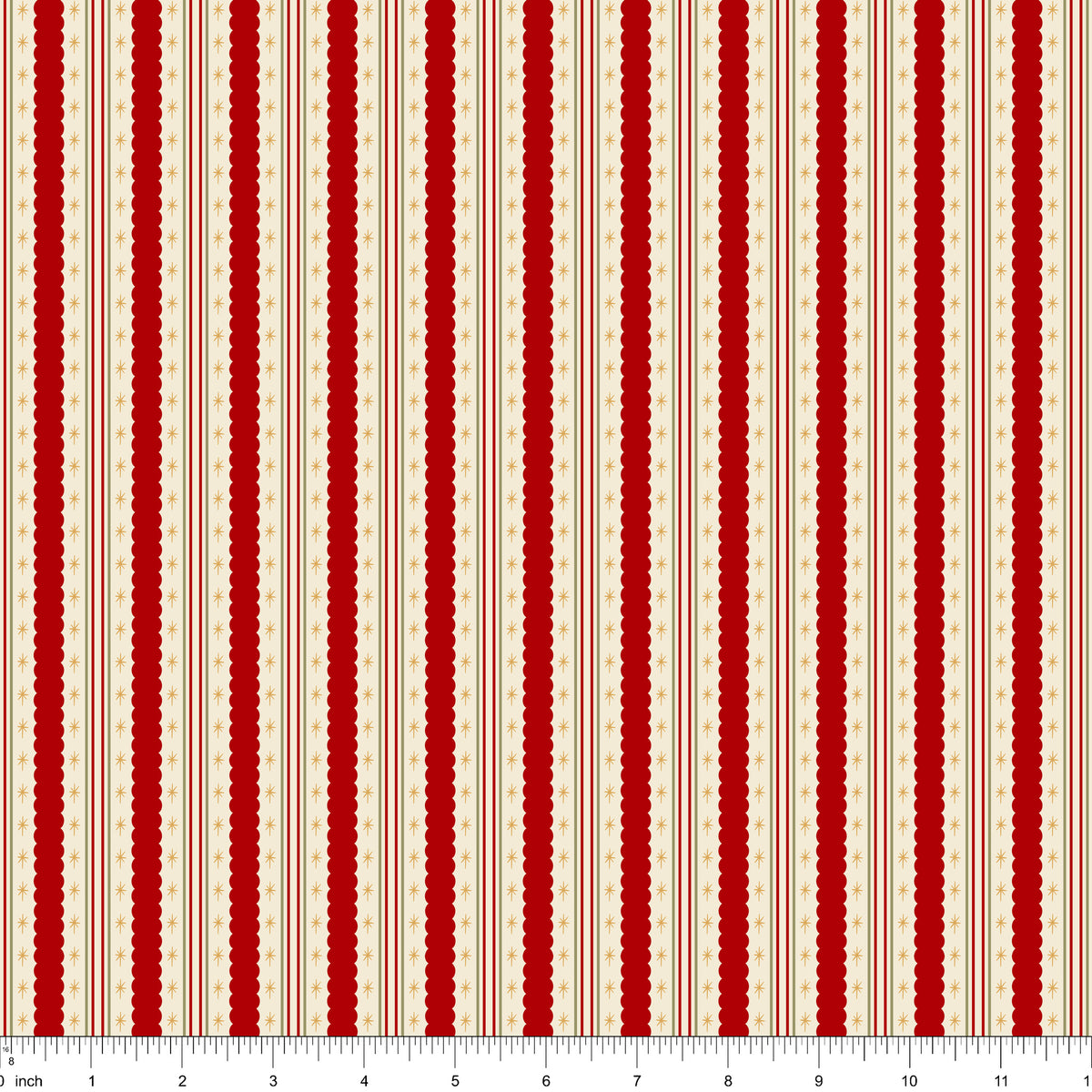 Cream fabric with red candy stripes, shown with ruler for scale