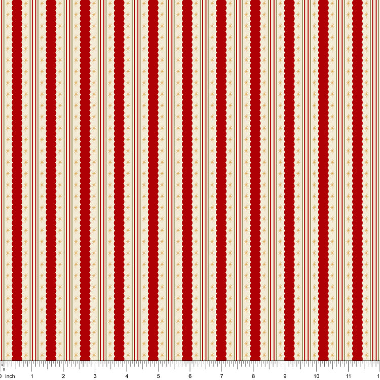 Cream fabric with red candy stripes, shown with ruler for scale