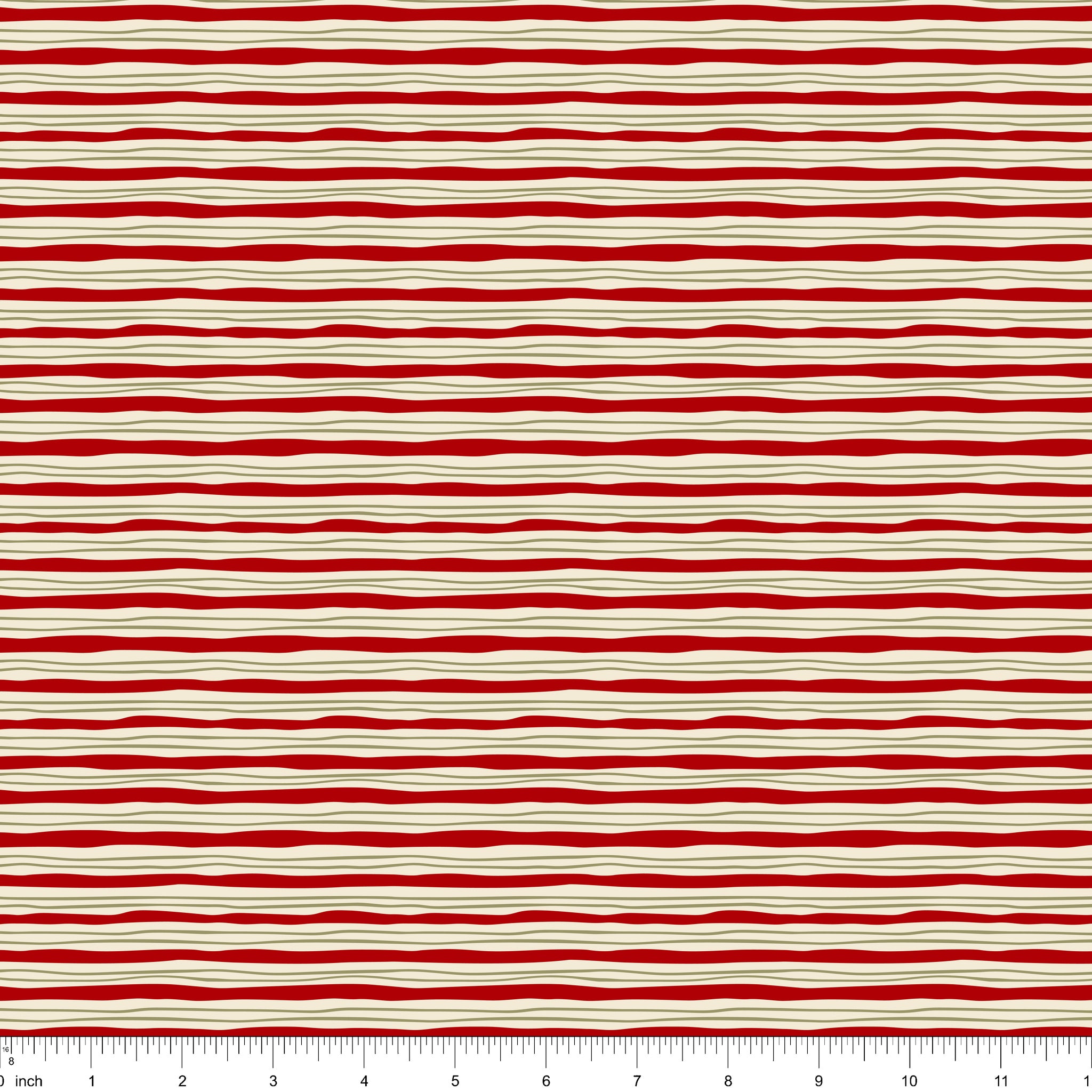 Cream fabric with wavy red stripes and fine olive lines, shown with ruler for scale