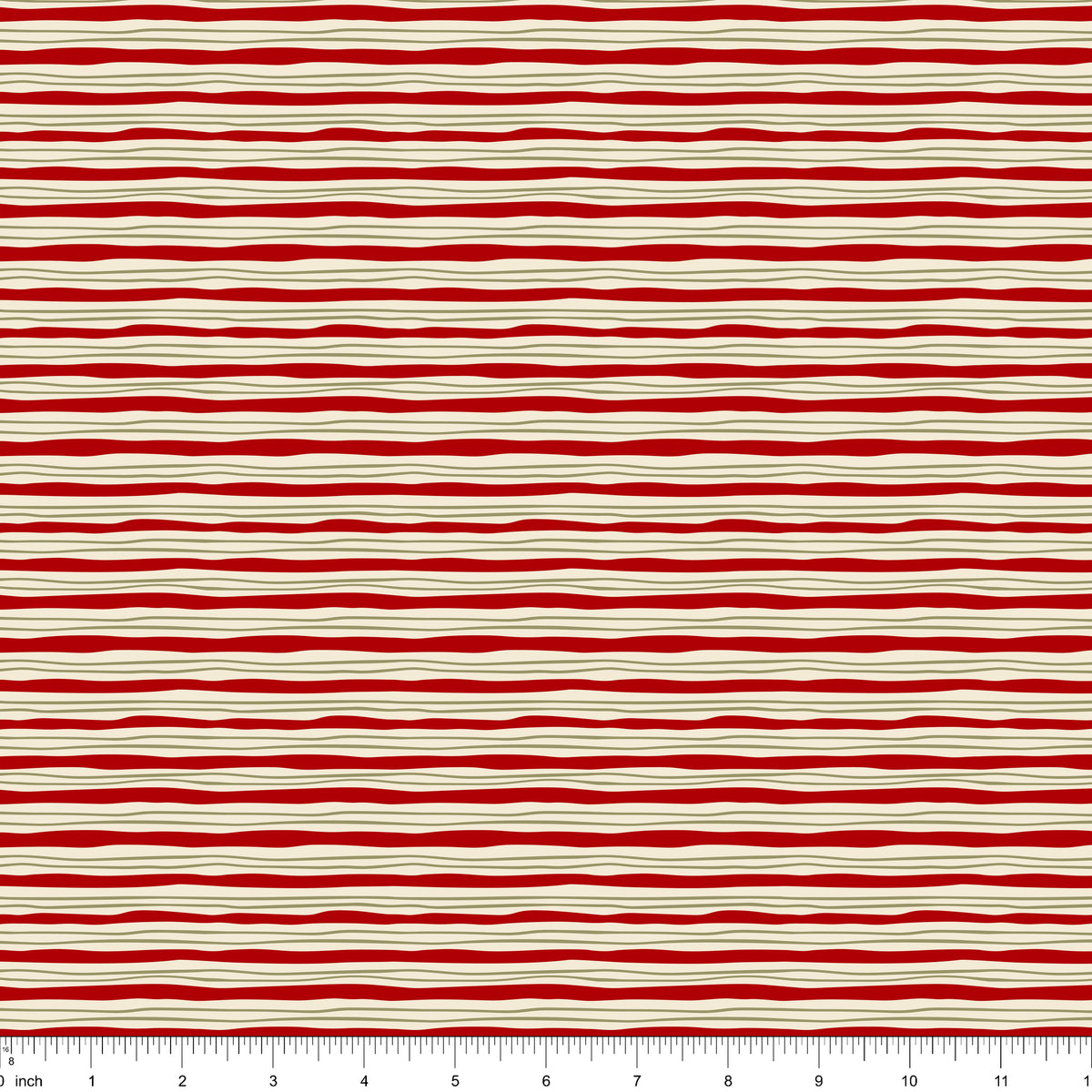 Cream fabric with wavy red stripes and fine olive lines, shown with ruler for scale