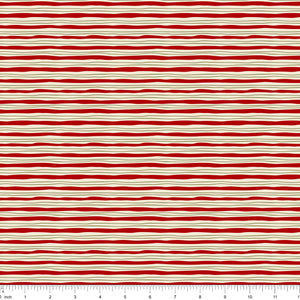 Cream fabric with wavy red stripes and fine olive lines, shown with ruler for scale