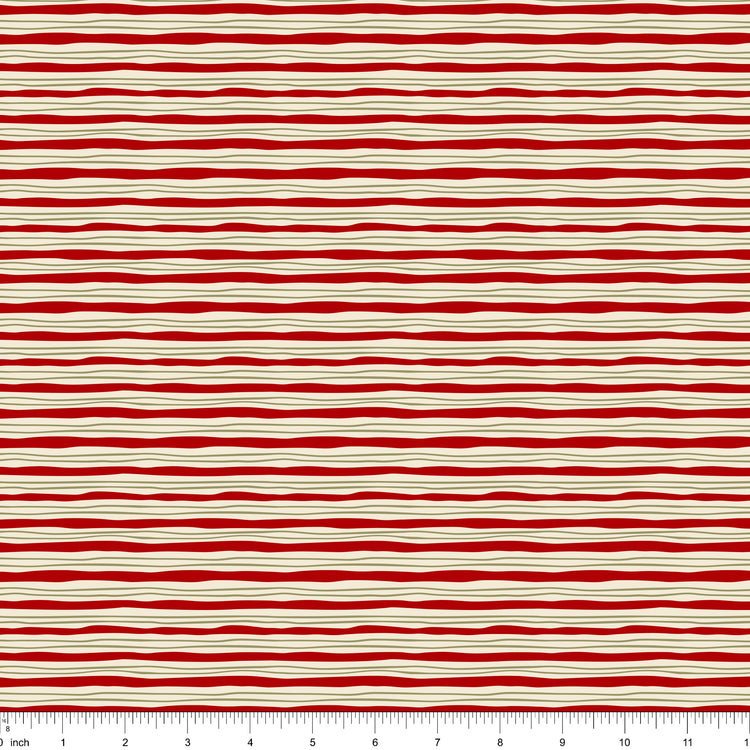 Cream fabric with wavy red stripes and fine olive lines, shown with ruler for scale