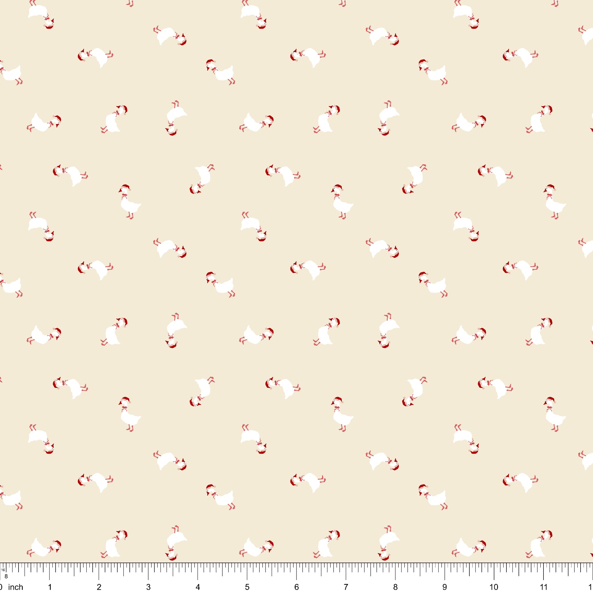 Cream fabric with small white geese in Santa hats and red bows tossed in every direction, shown with ruler for scale