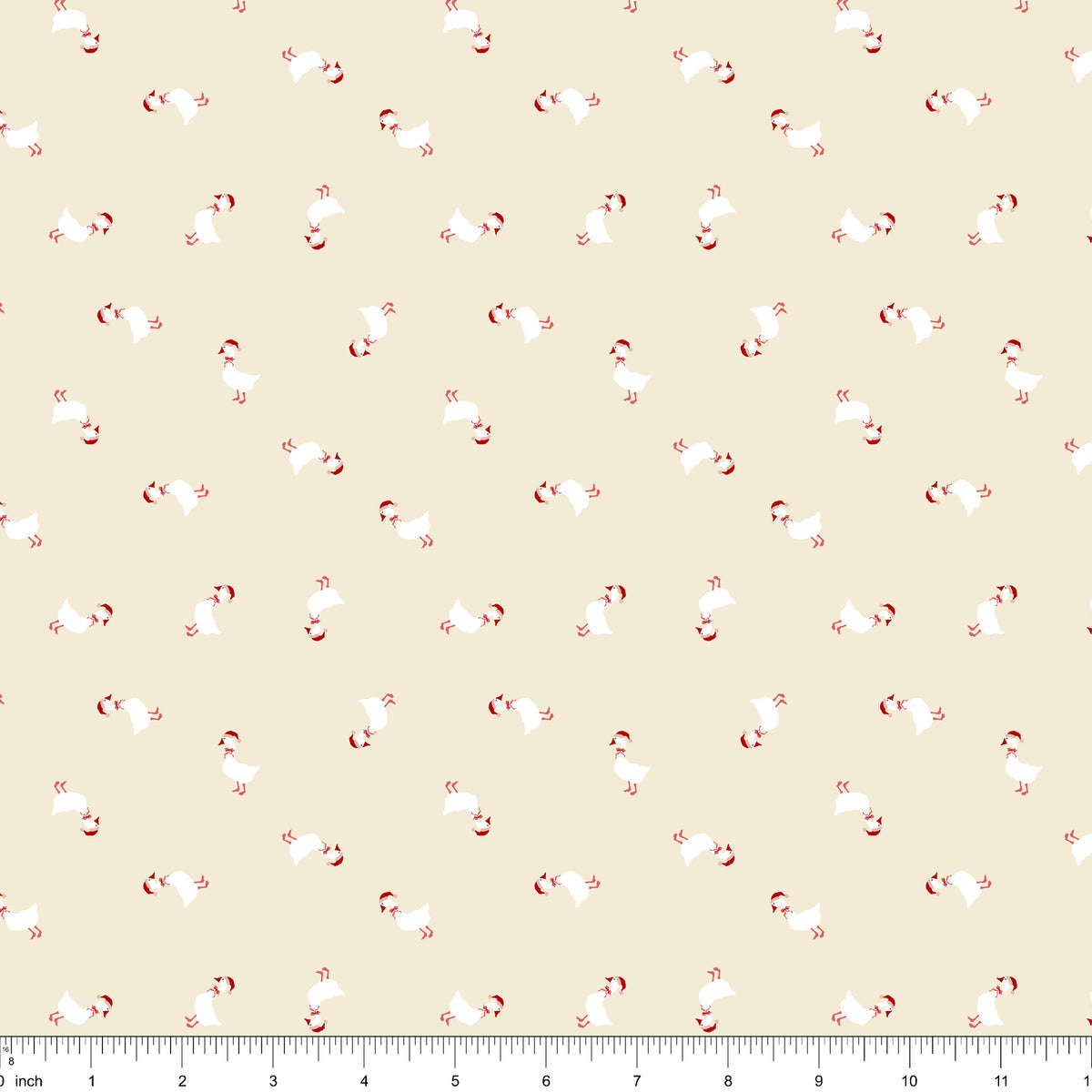 Cream fabric with small white geese in Santa hats and red bows tossed in every direction, shown with ruler for scale