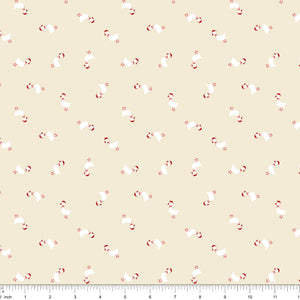 Cream fabric with small white geese in Santa hats and red bows tossed in every direction, shown with ruler for scale