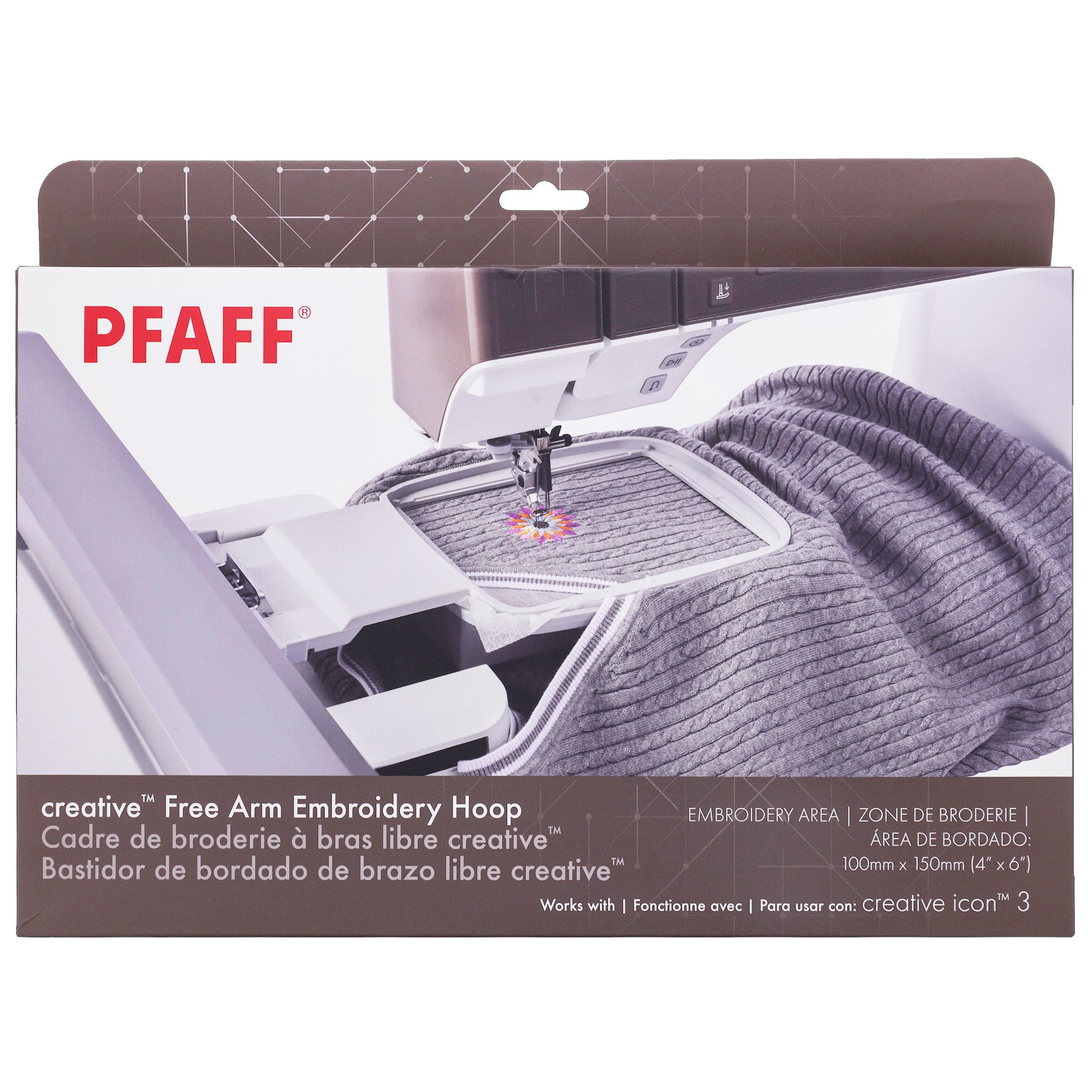 PFAFF creative Free Arm Embroidery Hoop packaging box, featuring a photo of a gray knitted fabric inside the hoop of an embroidery machine.