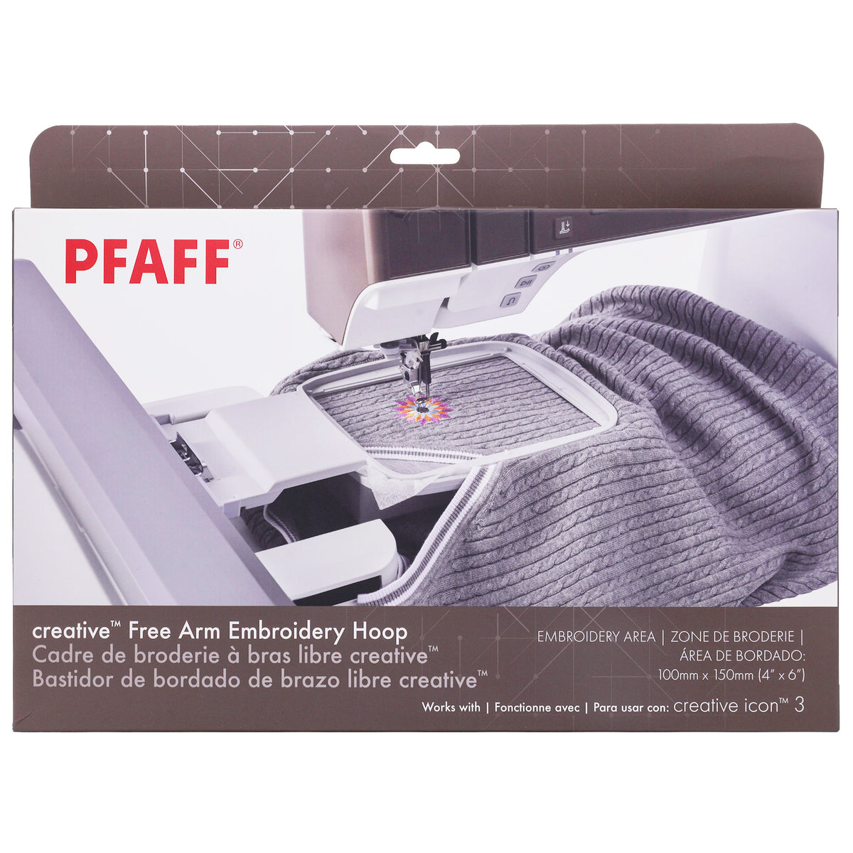 PFAFF creative Free Arm Embroidery Hoop packaging box, featuring a photo of a gray knitted fabric inside the hoop of an embroidery machine.