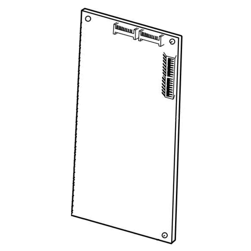 A black and white line drawing of a circuit board with connector details at the top.