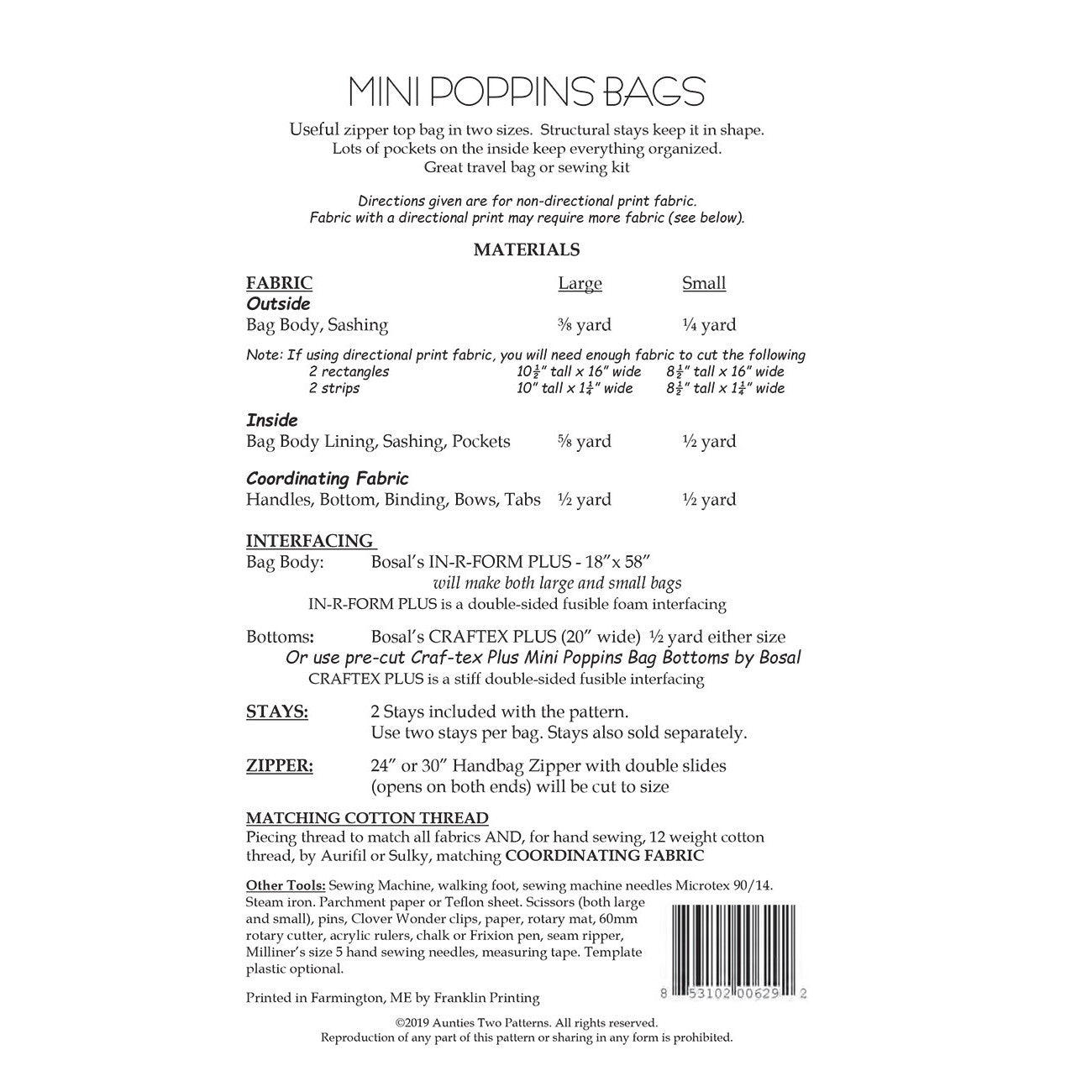 Mini Poppins Bag Pattern with Stays - Aunties Two image # 52601