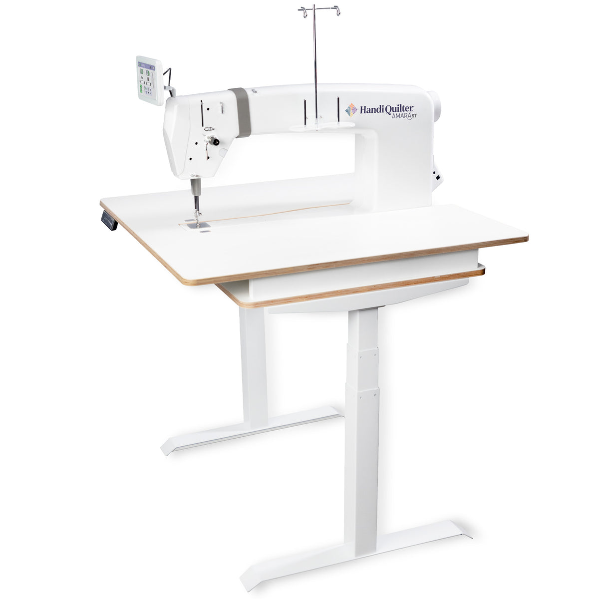Handi Quilter Amara ST longarm quilting machine with touchscreen display, mounted on a white adjustable-height lift table featuring a spacious quilting surface and sturdy pedestal legs, shown against a white background.