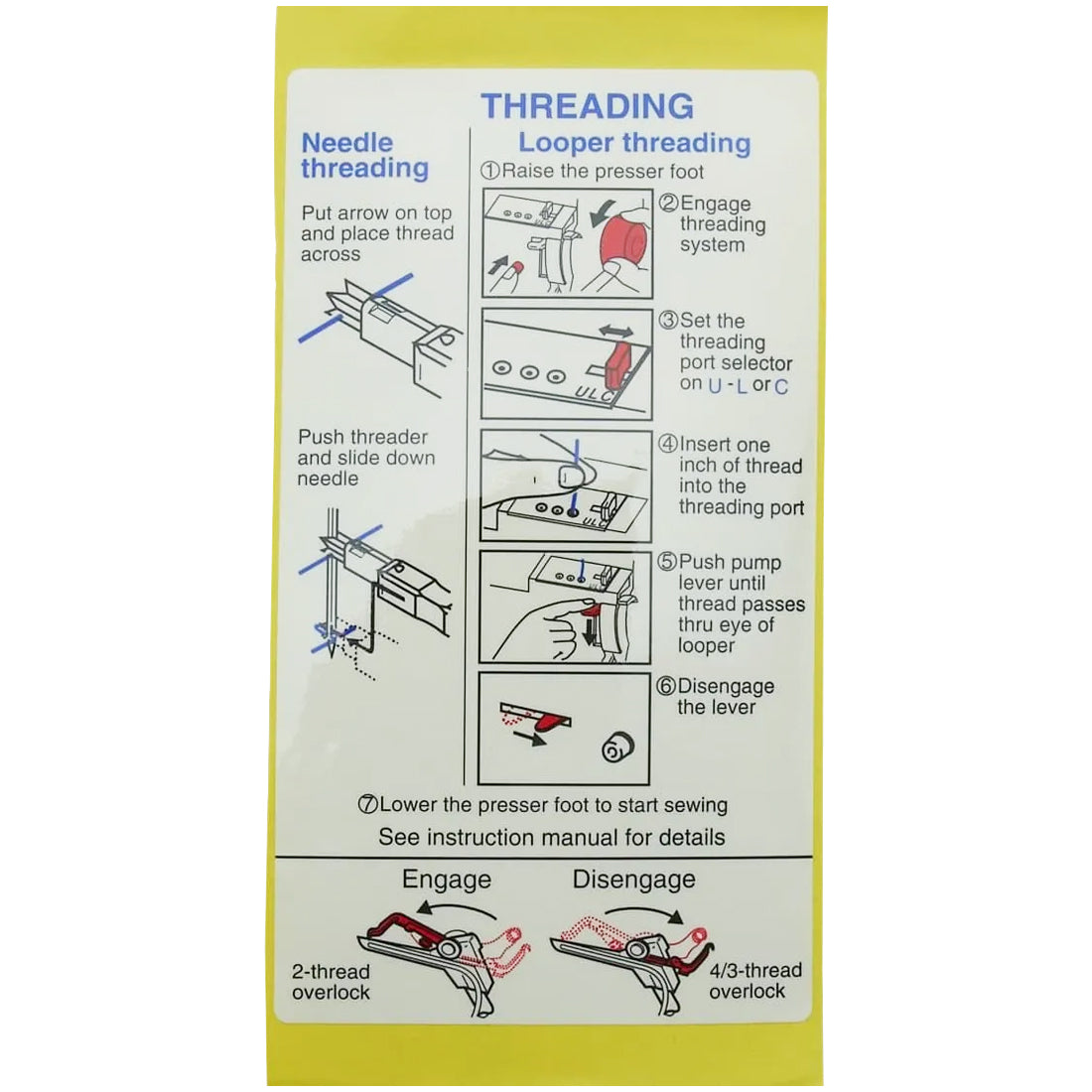 A yellow and white instruction sheet titled 'THREADING Looper threading' with step-by-step diagrams and notes for sewing machine thread engagement and disengagement.