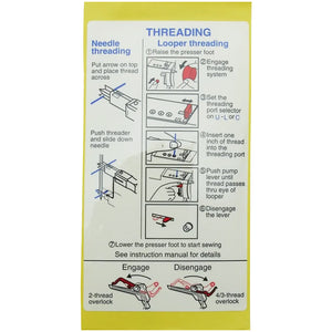A yellow and white instruction sheet titled 'THREADING Looper threading' with step-by-step diagrams and notes for sewing machine thread engagement and disengagement.
