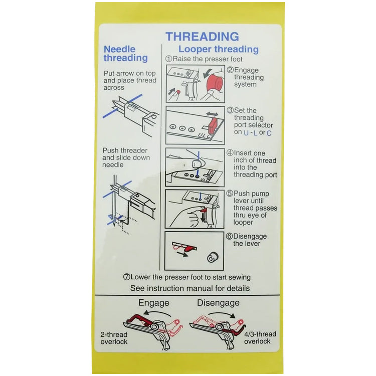 A yellow and white instruction sheet titled 'THREADING Looper threading' with step-by-step diagrams and notes for sewing machine thread engagement and disengagement.