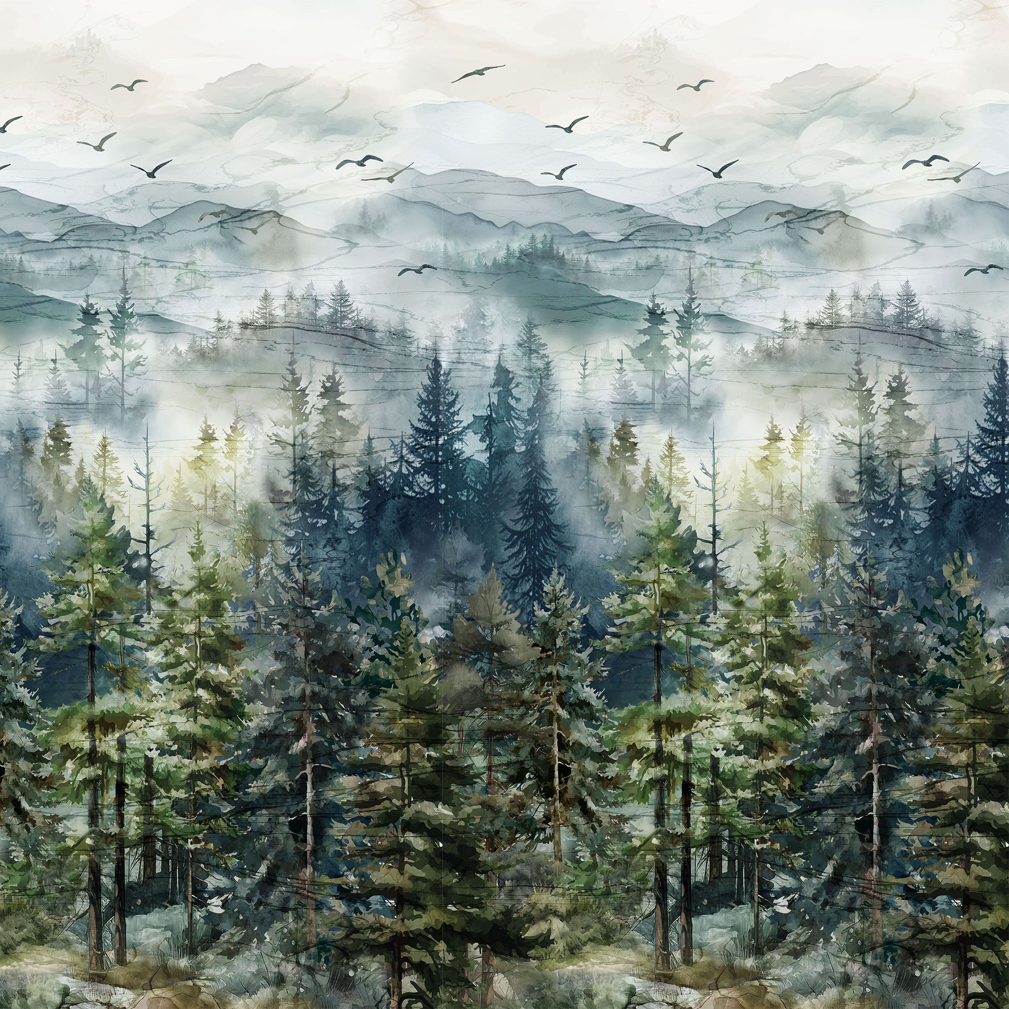 Altitude 108" Quilt Backing - Watercolor forest fabric with misty mountains, evergreen trees, and flying birds NCB29154-43