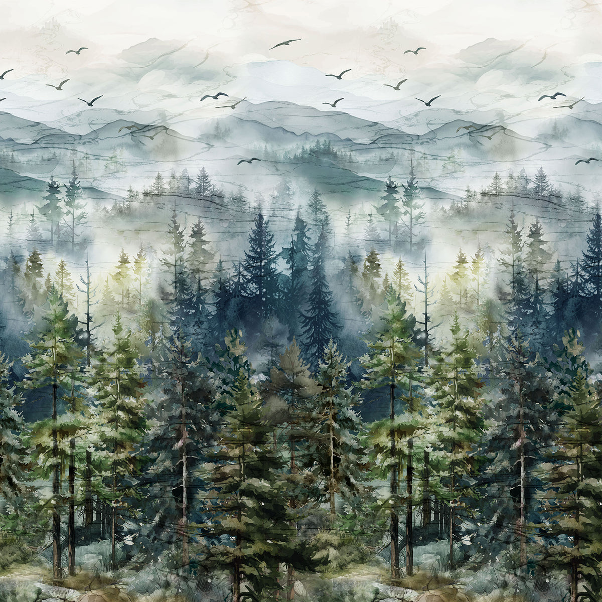 Altitude 108" Quilt Backing - Watercolor forest fabric with misty mountains, evergreen trees, and flying birds NCB29154-43