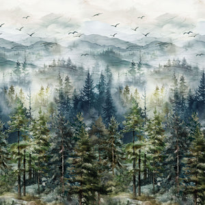 Altitude 108" Quilt Backing - Watercolor forest fabric with misty mountains, evergreen trees, and flying birds NCB29154-43