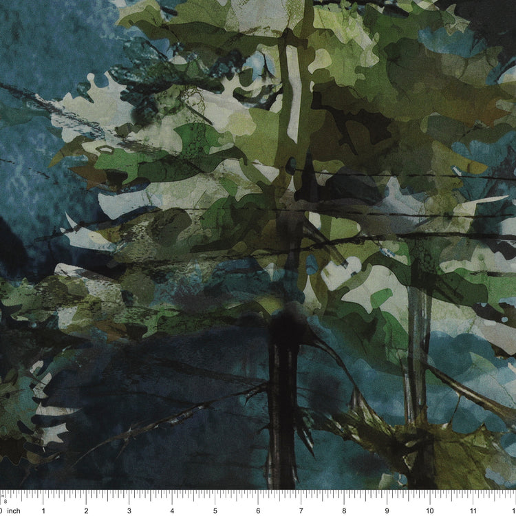 Altitude 108" Quilt Backing - Watercolor forest with green and blue evergreen trees NCB29154-43 with ruler for size